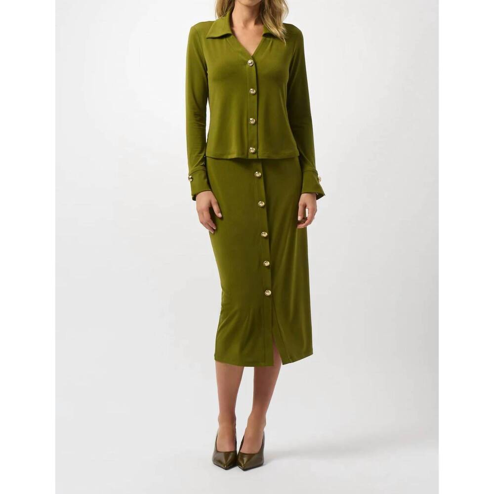 NEW JOSEPH RIBKOFF collared v-neck long sleeves fitted top in artichoke